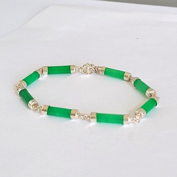 Luxury Boho Dyed Green Jade Tube Link Sterling Silver Chain Bracelet 7.5 inch - Picture 2 of 9